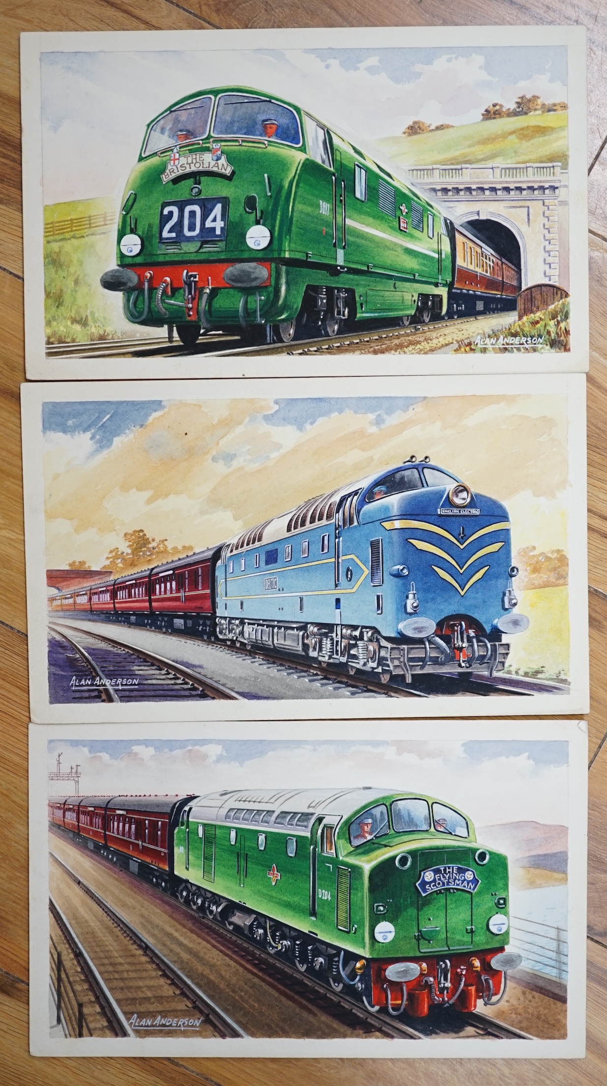 Alan Anderson, three original watercolours for postcard designs, locomotives, ‘The Flying Scotsman’, ‘The Bristolian’ and ‘English Electric Deltic’, each signed, unframed, 17.5 x 28cm. Condition - good